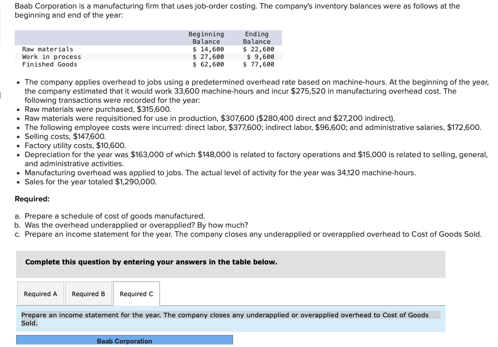 Solved Baab Corporation Is A Manufacturing Firm That Uses 