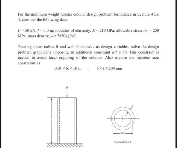 Solved For the minimum weight tubular column design problem | Chegg.com