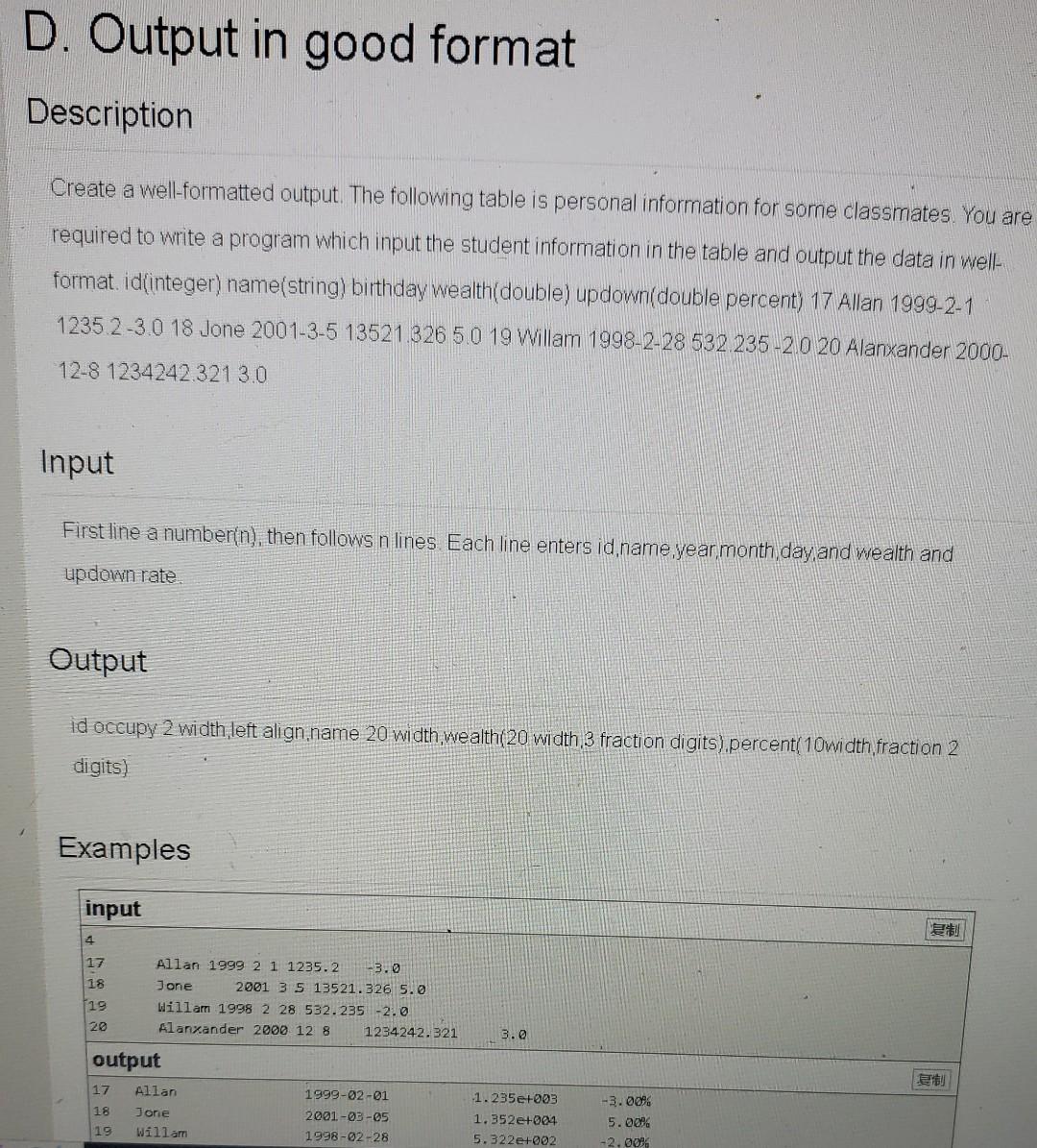 Solved Create a well-formatted output. The following table | Chegg.com