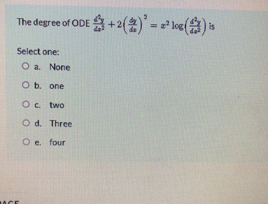 Solved The degree of ODE +2(%) * = a* log() is @ & 2 de | Chegg.com