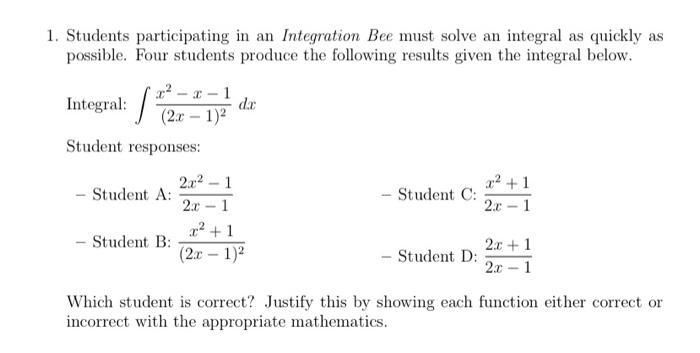 Solved 1. Students participating in an Integration Bee must | Chegg.com