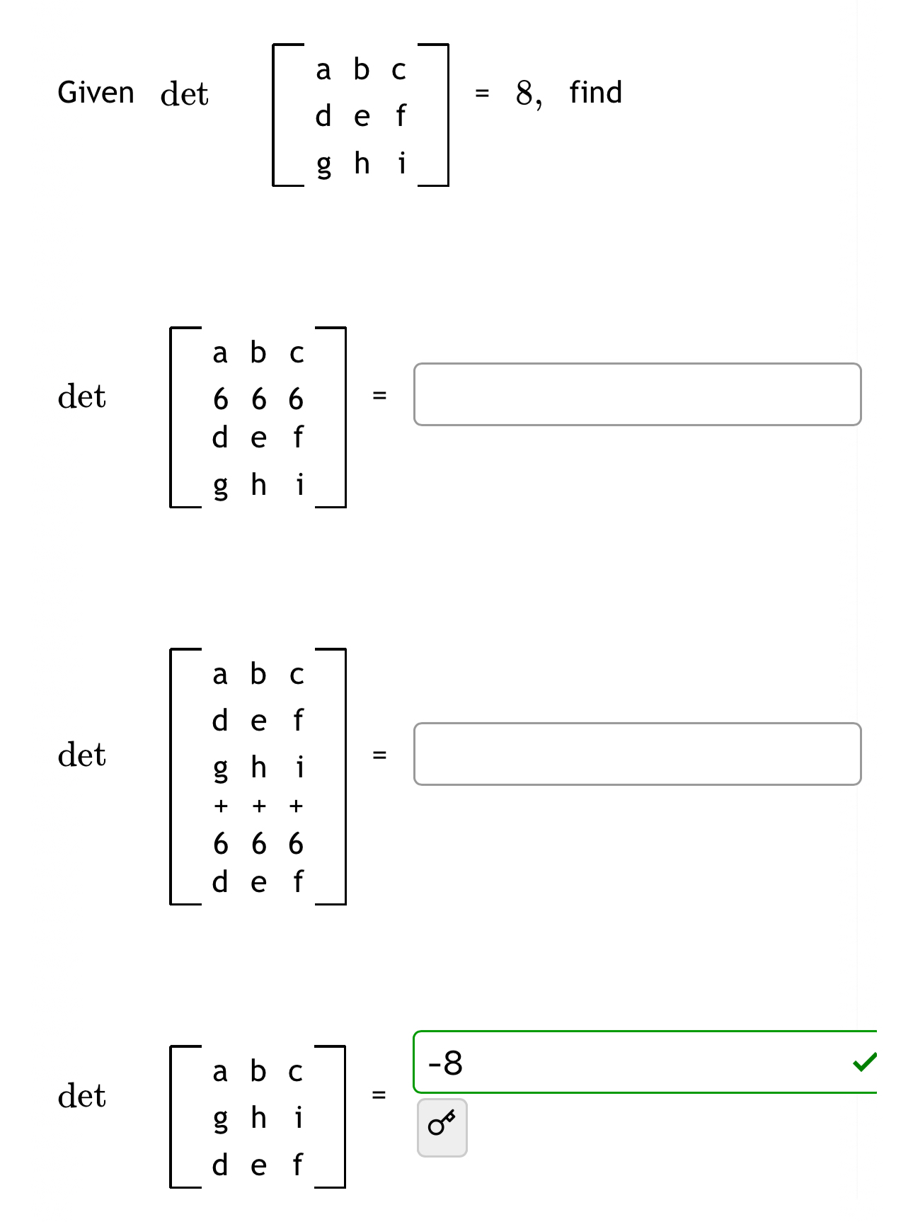 Solved Given det[abcefhi]ggd=8, ﻿find | Chegg.com