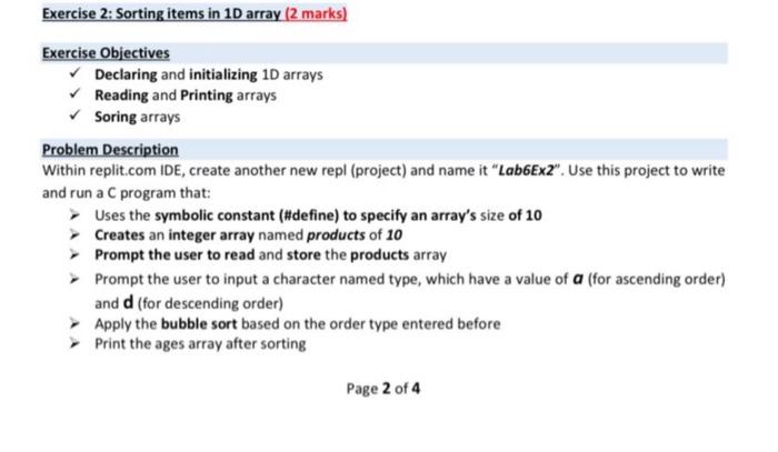 Solved Exercise 2: Sorting items in 1D array (2 marks) | Chegg.com image.