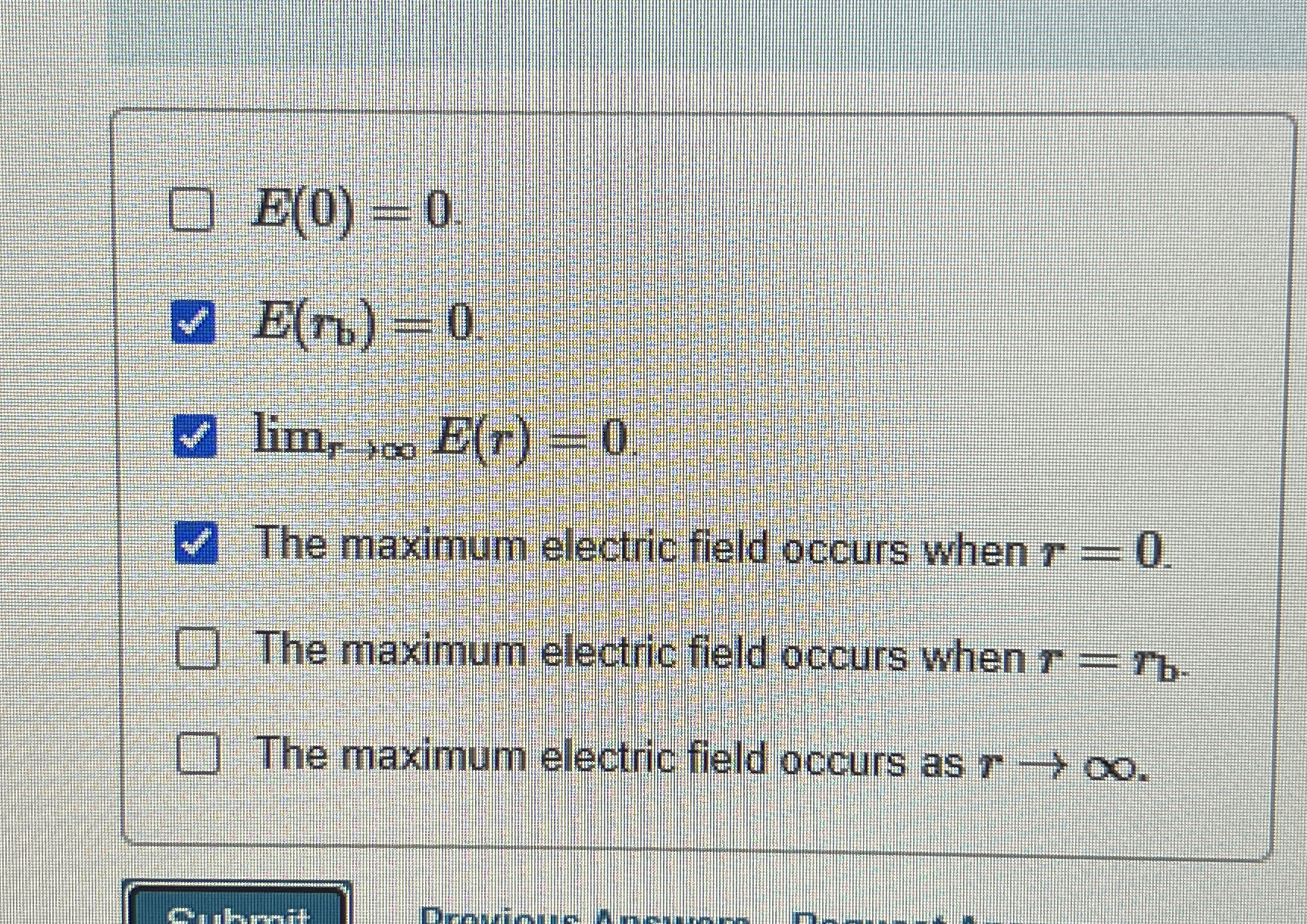 Solved E(0)=0E(rb)=0limr→∞E(r)=0The maximum electric field | Chegg.com