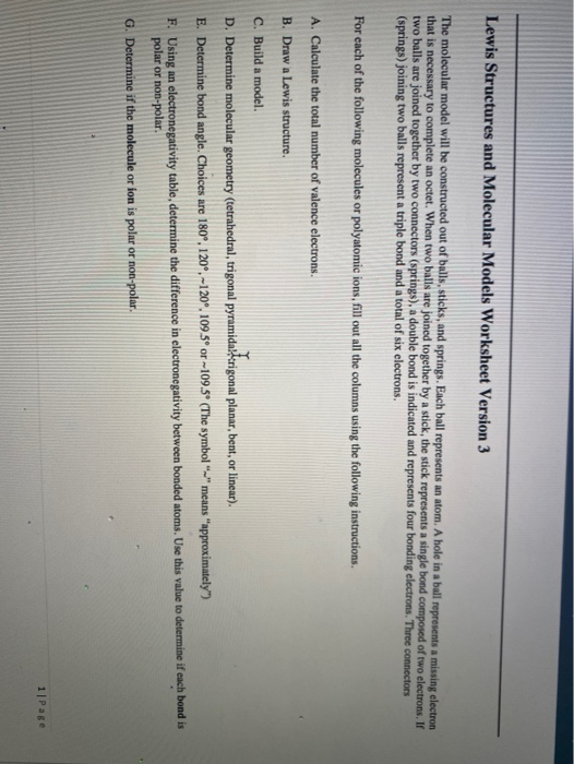 Solved Lewis Structures and Molecular Models Worksheet