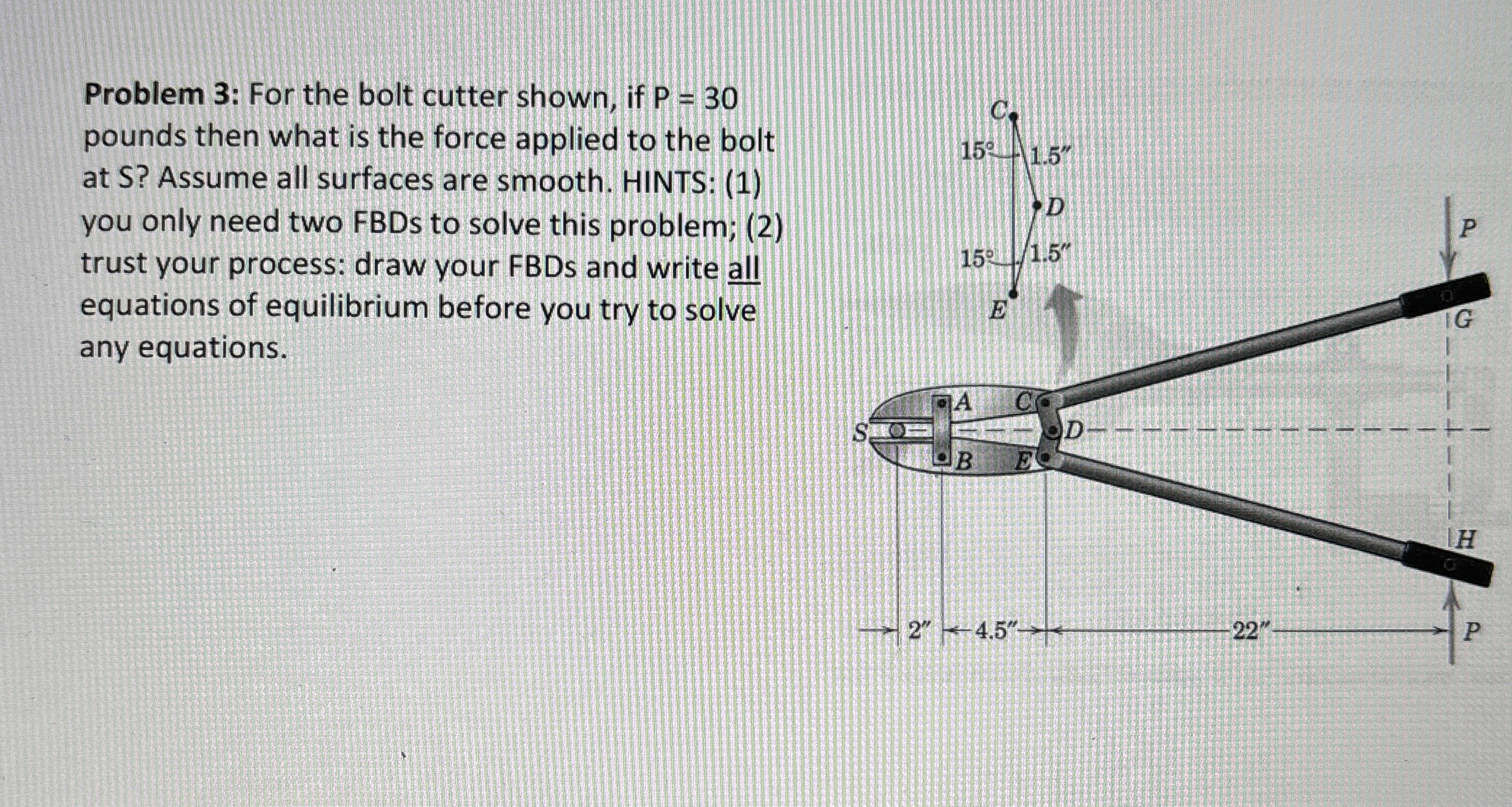 Solved Problem 3: For the bolt cutter shown, if P=30 ﻿pounds | Chegg.com