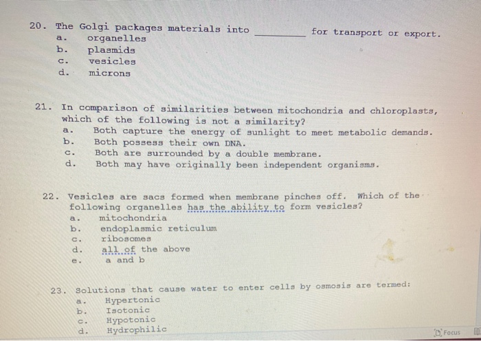 Solved for transport or export. 20. The Golgi packages | Chegg.com