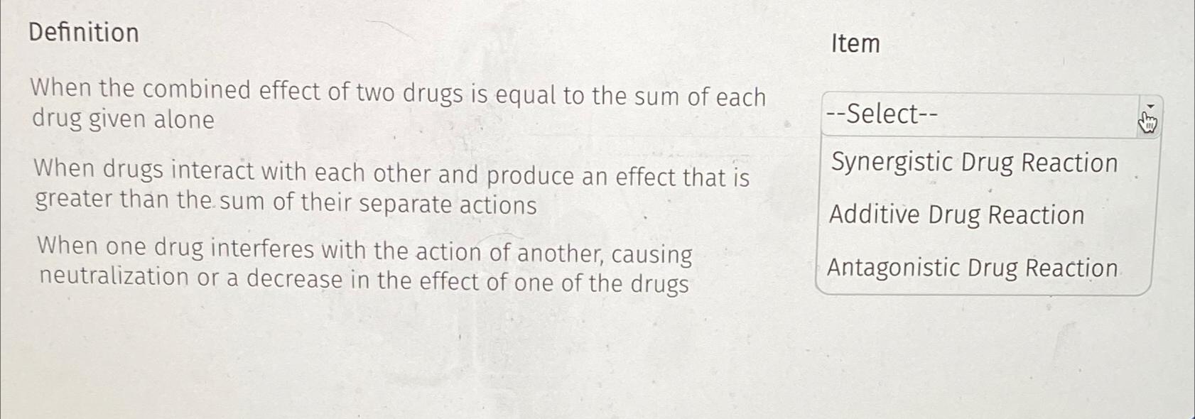 Solved DefinitionItemWhen the combined effect of two drugs