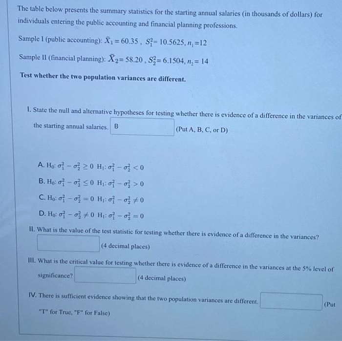 Solved he table below presents the summary statistics for | Chegg.com