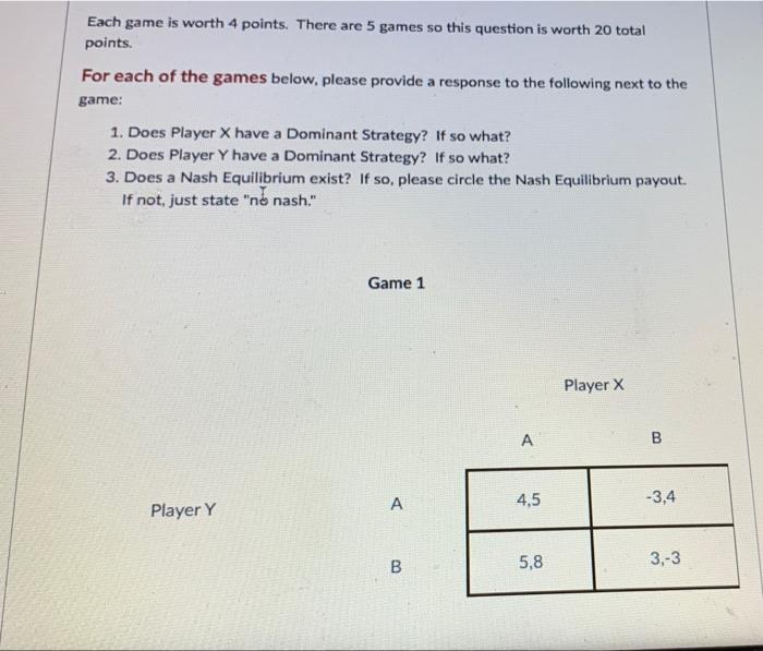 Solved Each game is worth 4 points. There are 5 games so | Chegg.com