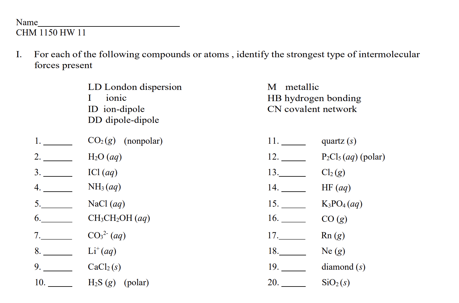 Solved CHM 1150HW11I. For each of the following compounds or | Chegg.com