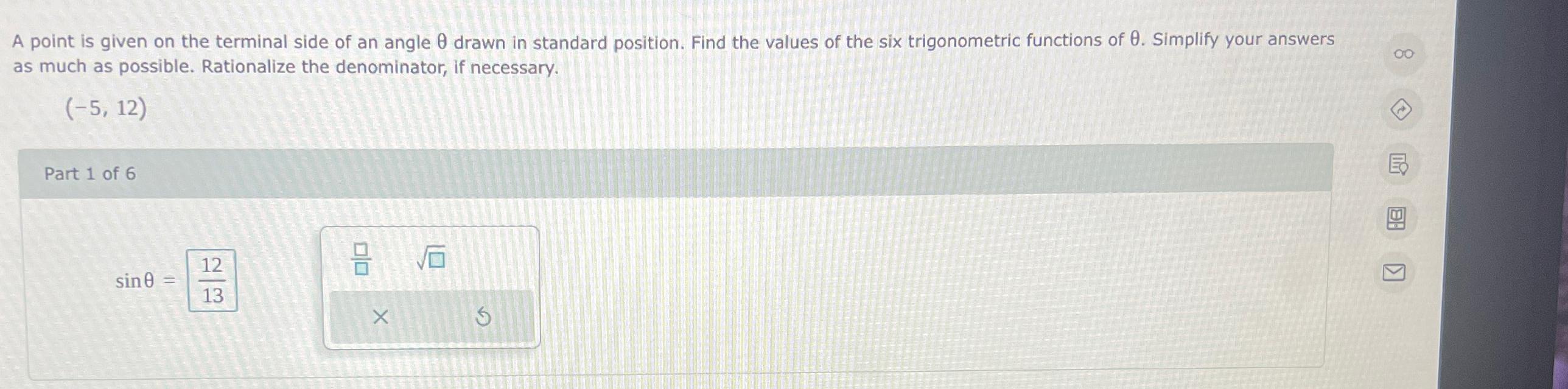 Solved A point is given on the terminal side of an angle θ | Chegg.com