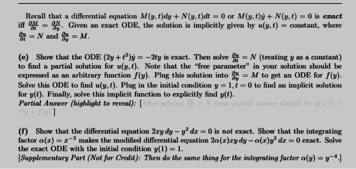 Solved Recall That A Differential Equation M Y T Dy N Chegg Com