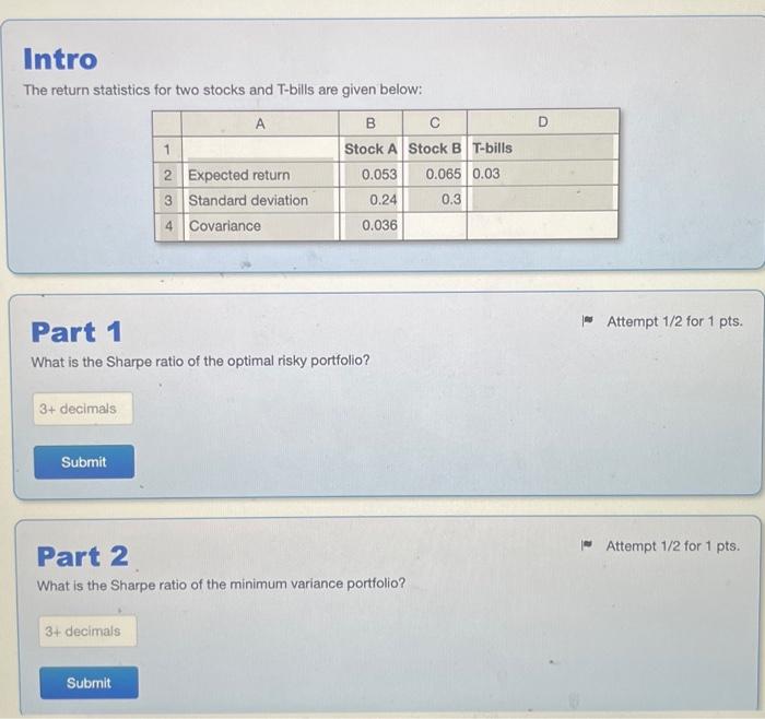 Solved Intro The return statistics for two stocks and | Chegg.com