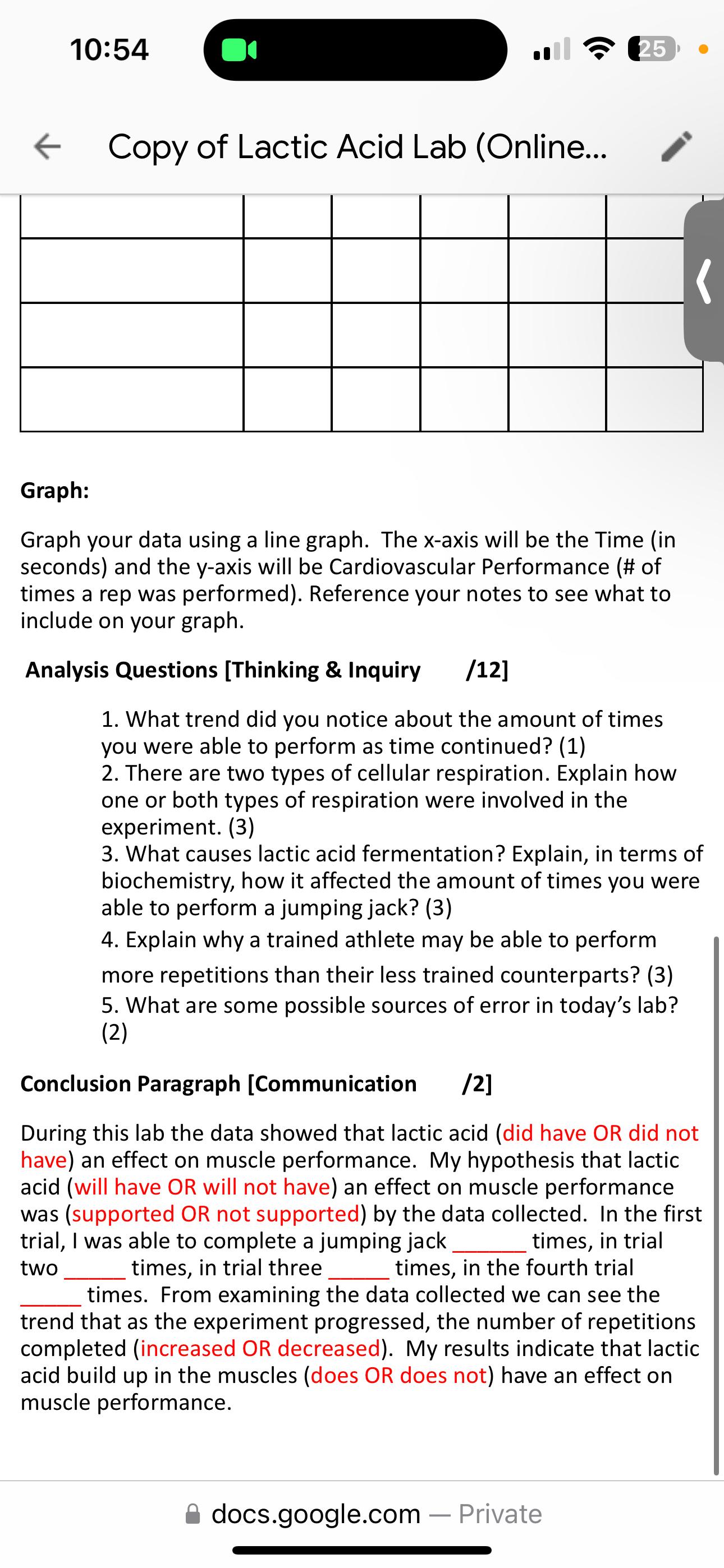 Solved 1054Copy of Lactic Acid Lab