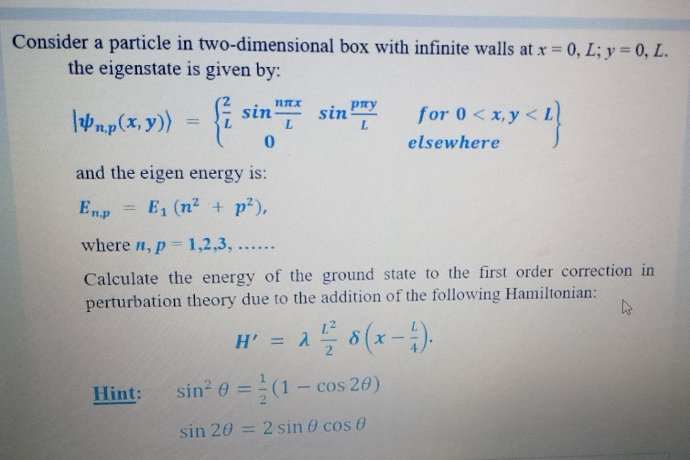Solved nX Consider a particle in two-dimensional box with | Chegg.com