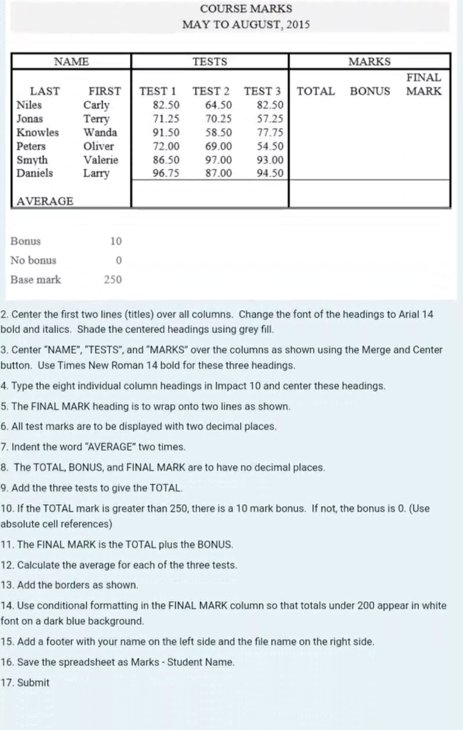 Solved COURSE MARKSMAY TO AUGUST, 2015Center the first two | Chegg.com