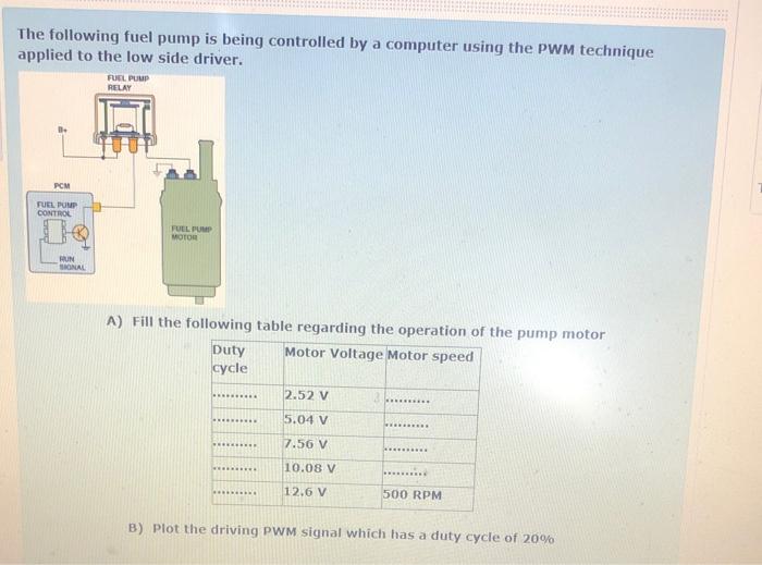 Solved The following fuel pump is being controlled by a | Chegg.com