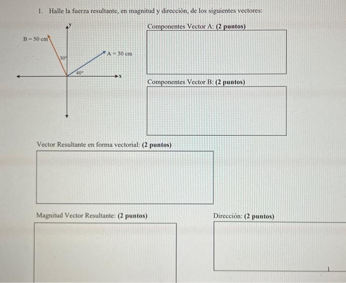 1. Halle la fuerza resultante, en magnitud y dirección, de los siguientes vectores: Comnonentes Vector A: (2 nuntos) Componen