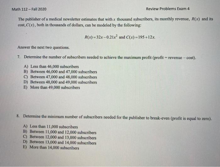 Solved Math 112 - Fall 2020 Review Problems Exam 4 The | Chegg.com