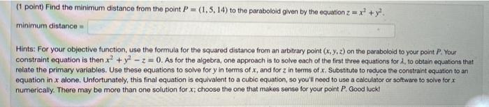 Solved (1 point) Find the minimum distance from the point P | Chegg.com