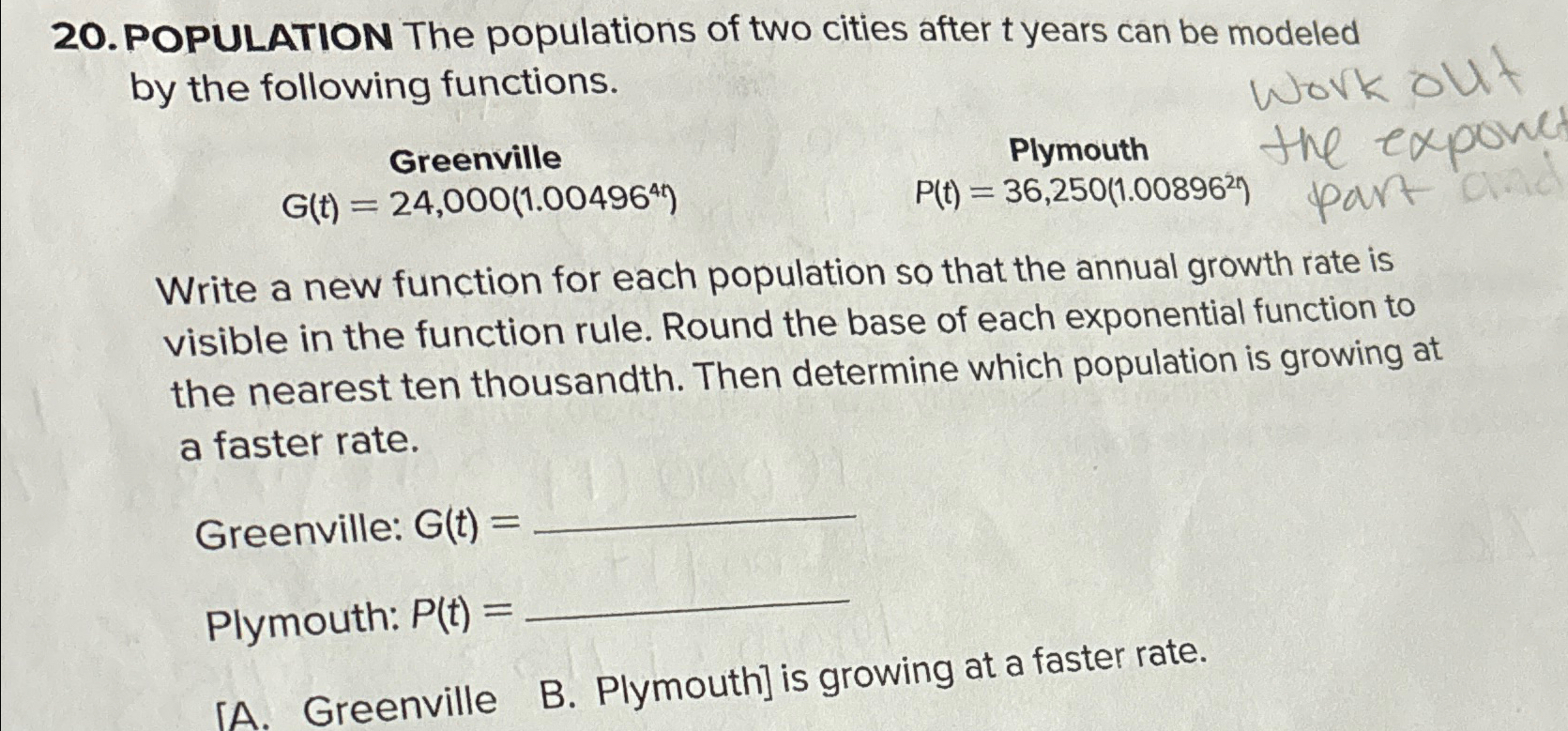 Solved POPULATION The populations of two cities after t | Chegg.com