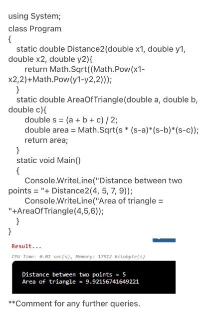 Solved a) Write a CH method Distance 2 that returns the | Chegg.com