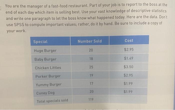 Solved You are the manager of a fast-food restaurant. Part | Chegg.com