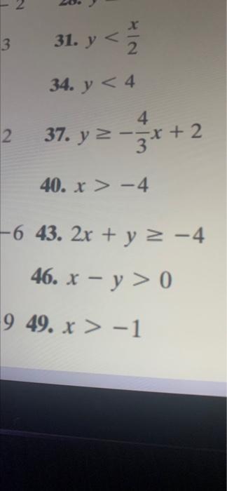 3 31.y< 2 34. y <4 4 --X 2 37. y=-gt+2 y2 * 40.12-4 -6 43.2x + y = -4 46.x-y>0 949. x > -1