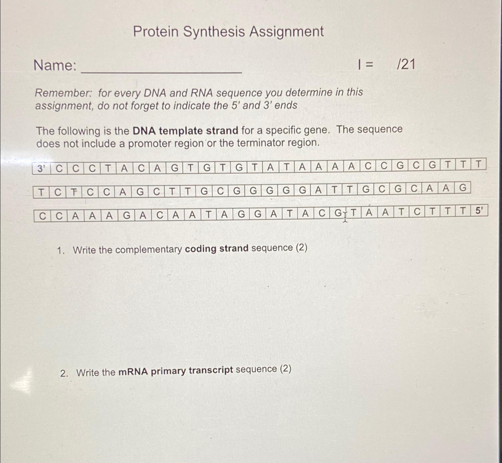 Solved Protein Synthesis AssignmentNameI=121Remember: for | Chegg.com