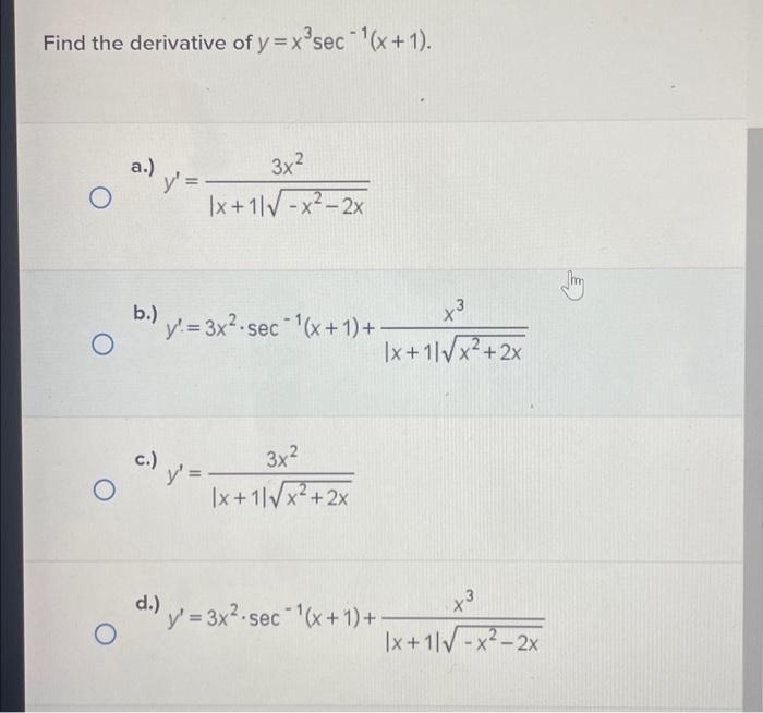 Solved Derivative Of Y X3sec−1 X 1 A Y′ ∣x 1∣−x2−2x3x2