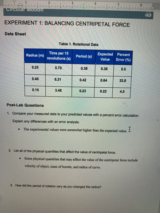 Solved 5 6 Circular Motion EXPERIMENT 1 BALANCING