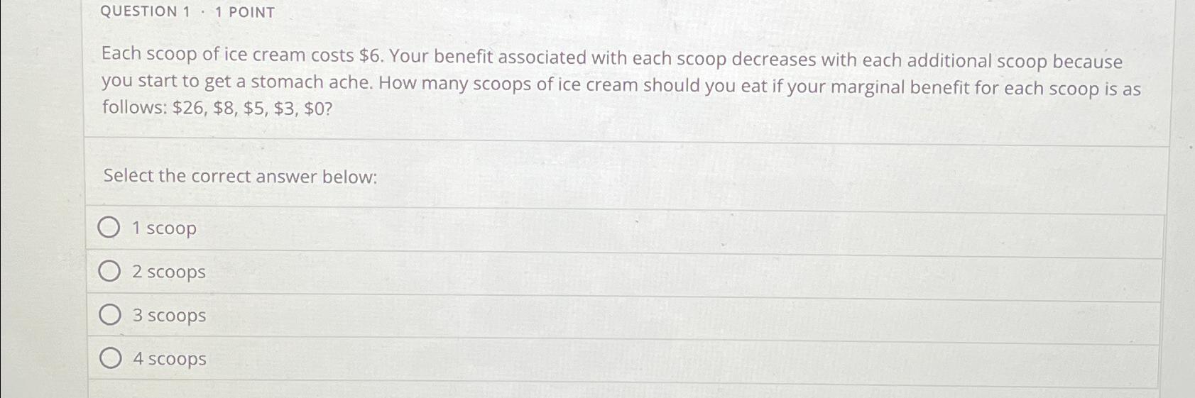 Solved QUESTION 1 1 ﻿POINTEach scoop of ice cream costs