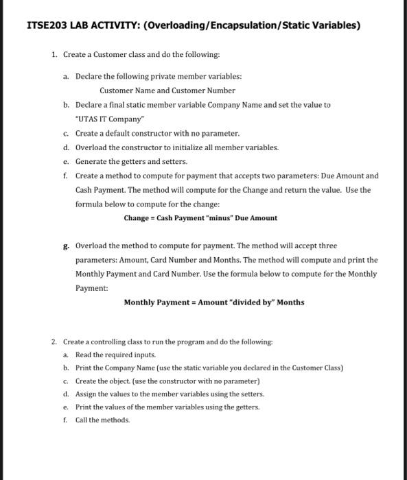 Solved CSSE2202 LAB ACTIVITY: (Encapsulation/Static | Chegg.com