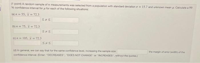 Solved 1 (1 point) A random sample of n measurements was | Chegg.com