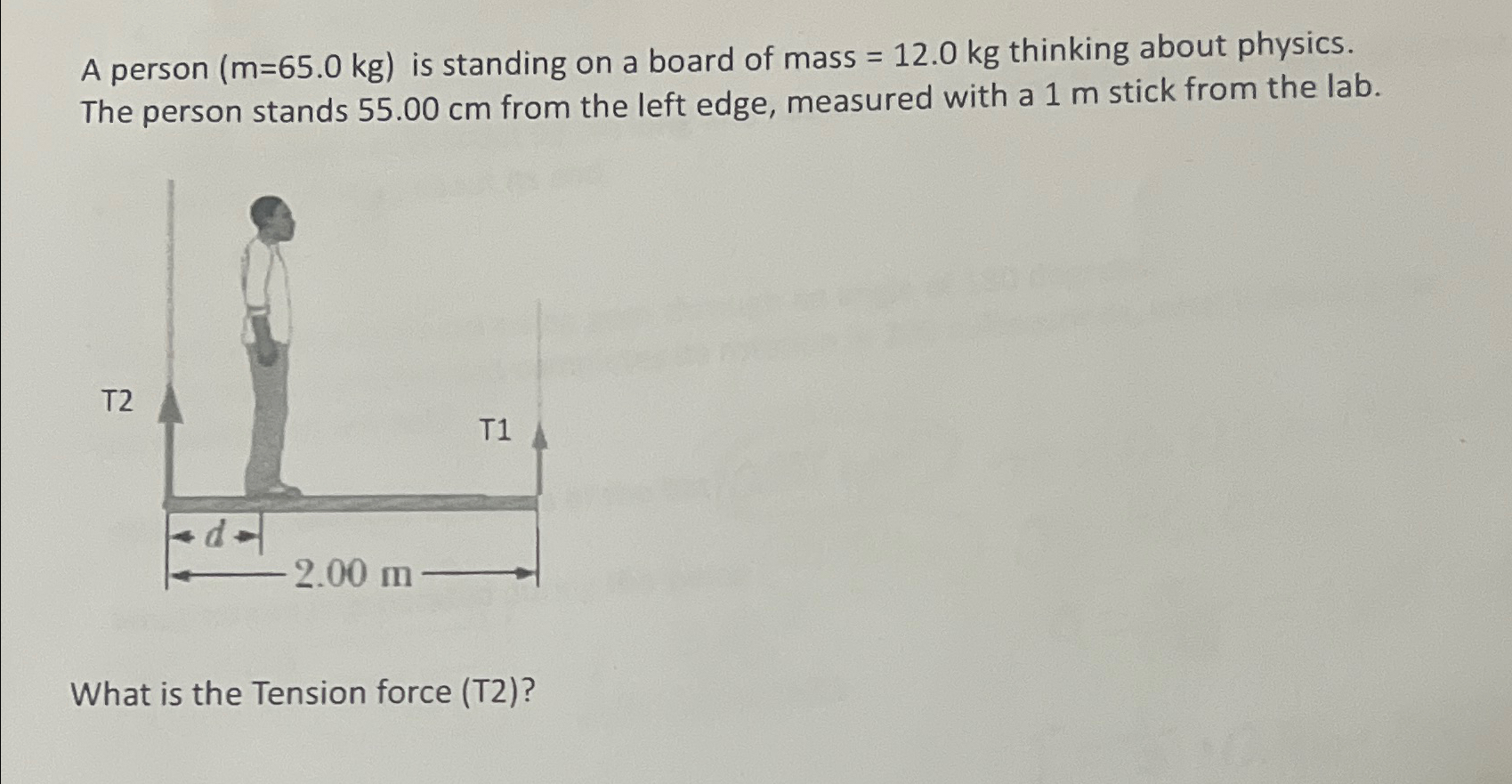 Solved A person ( m=65.0kg ) ﻿is standing on a board of mass | Chegg.com