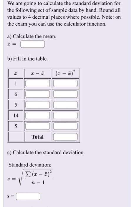 Solved We are going to calculate the standard deviation for | Chegg.com