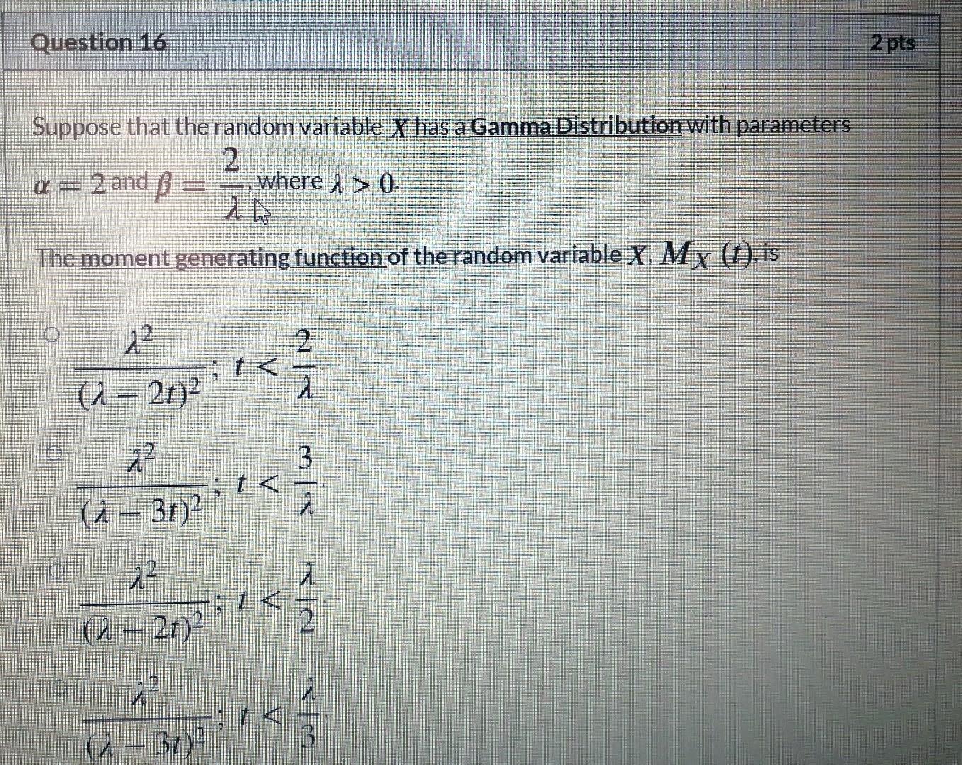 Solved LED Question 16 2 pts Suppose that the random | Chegg.com