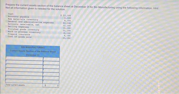 Solved Prepare The Current Assets Section Of The Balance