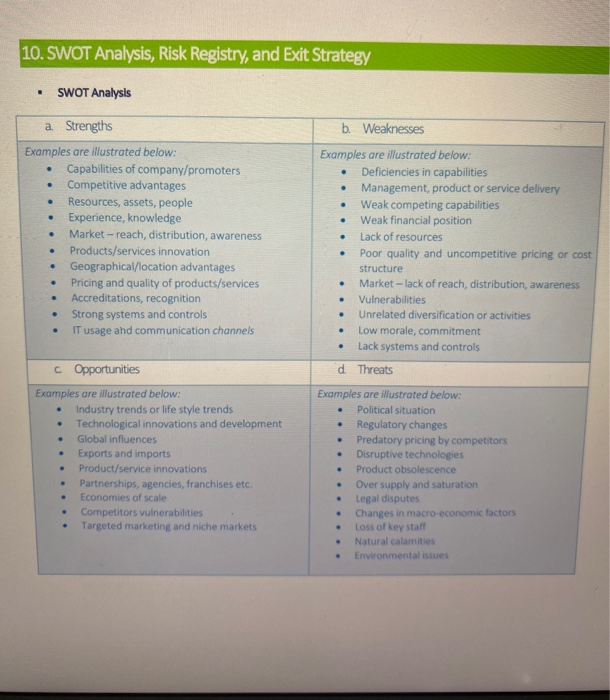 Answered: 10. SWOT Analysis, Risk Registry, and Exit Strate