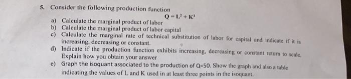 Solved 5. Consider the following production function Q L'+K? | Chegg.com