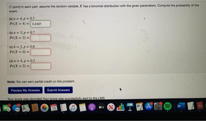 Solved (1 point) In each part, assume the random variable X | Chegg.com