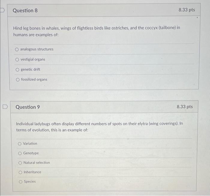 Solved D Question 8 8.33 pts Hind leg bones in whales, wings | Chegg.com