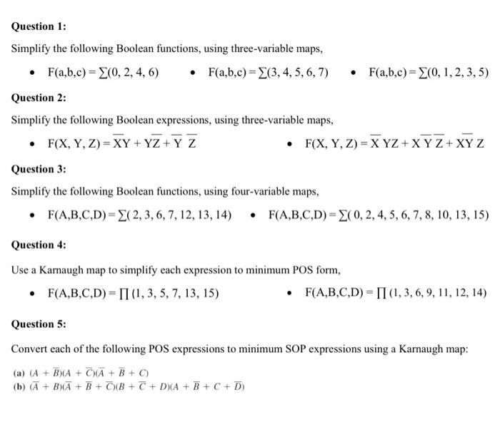 Solved Question 1: Simplify The Following Boolean Functions, | Chegg.com