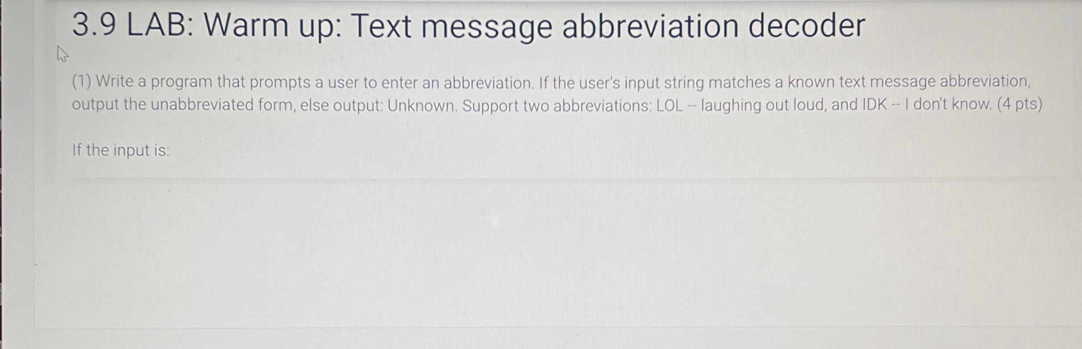 Solved 3 9 lab warm up text message abbreviation chegg