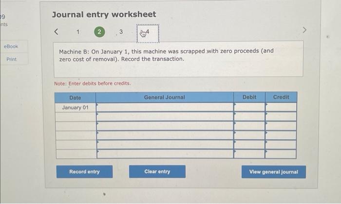 Journal entry worksheet
\[
1
\]
Machine B: On January 1 , this machine was scrapped with zero proceeds (and zero cost of remo