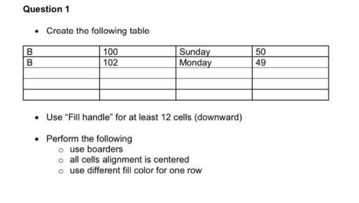 Solved Question 1 • Create The Following Table B B 100 102 | Chegg.com