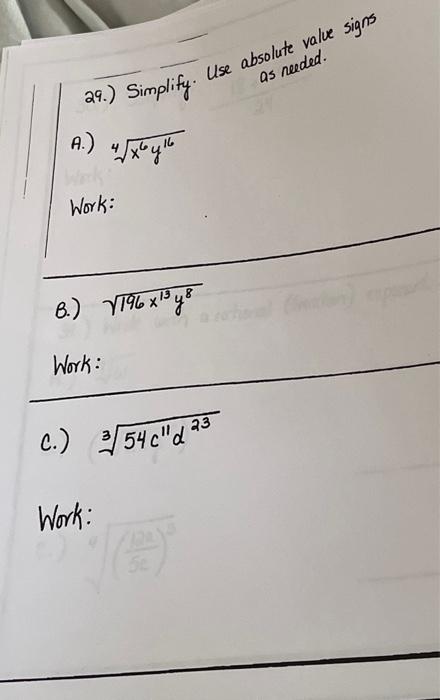 Solved 29.) Simplify. Use absolute value sign