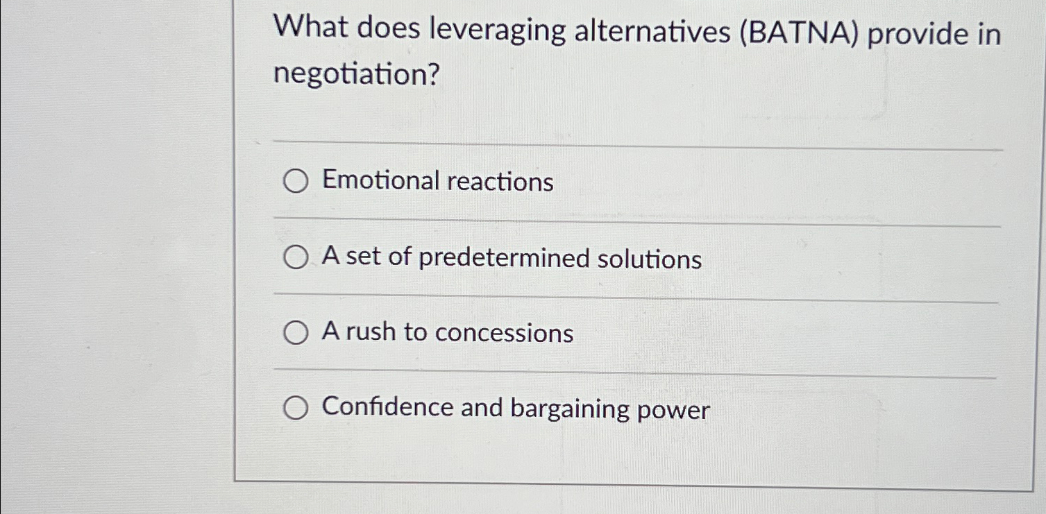 Solved What does leveraging alternatives (BATNA) ﻿provide in | Chegg.com