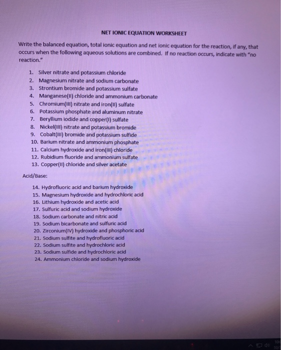 Solved Net Ionic Equation Worksheet Write The Balanced Eq Chegg Com